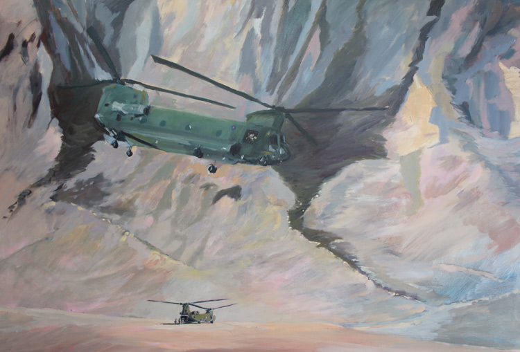 Description: 'The Chinook'. Chinook Pick up showing Soldiers in the Leigh of the Hindu Kush, Afghanistan being collected after a long Patrol in this lonely and vunerable landscape, far away from home; the only life line.