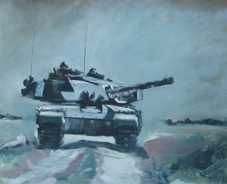 Description: 'Challenger 2'. Oil on Canvas, 2005. Reflecting on how graceful but deadly this tank can appear moving towards the viewer.